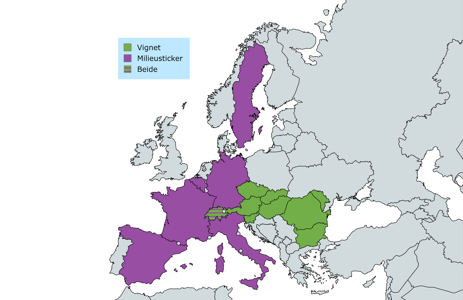 Kaart van Europa met landen die een vignet en milieusticker gebruiken