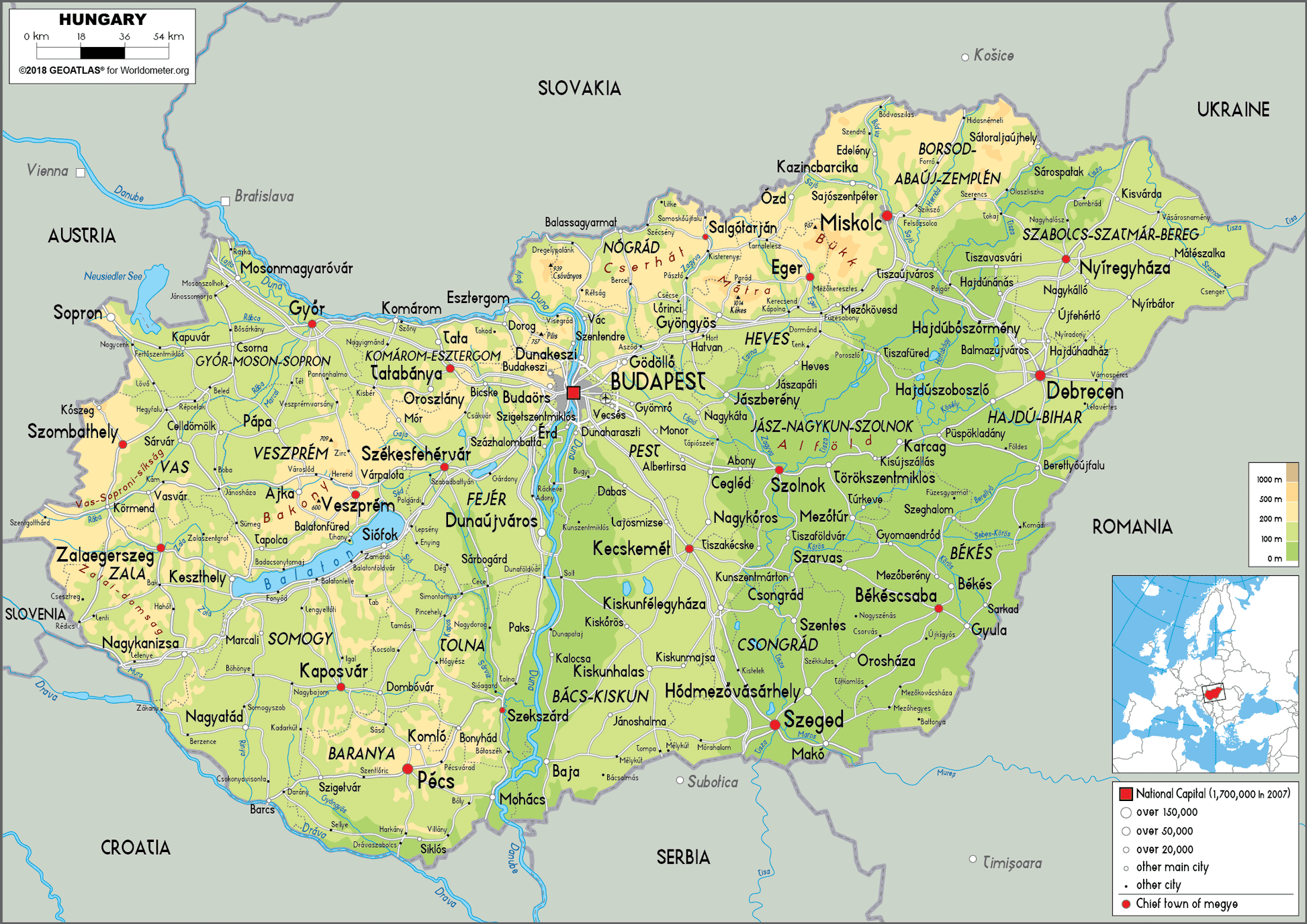 Topografische kaart Hongarije
